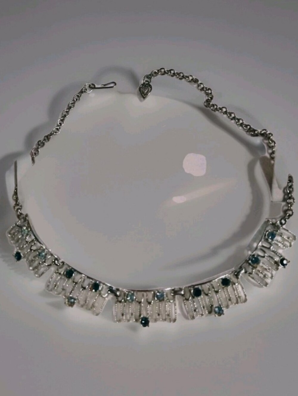 VTG 50s Silver Crystal Fringe Choker Necklace with Blue Accents Adj Clip Clasp